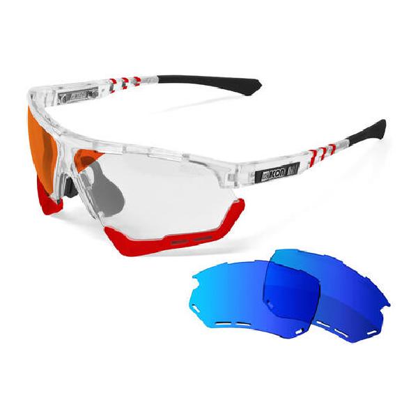 Scicon - Fietsbril - Aerocomfort XL - Crystal Gloss - Fotochrome Lens Rood Spiegel + extra Lens Multimirror Blauw