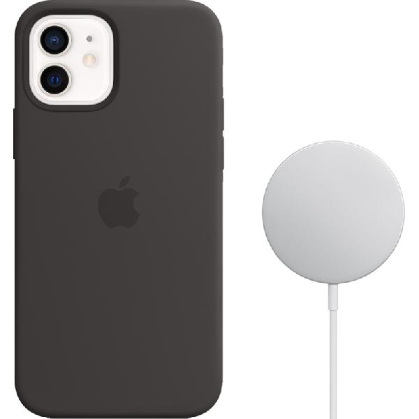 Apple iPhone 12 / 12 Pro Silicone Back Cover met MagSafe Zwart + MagSafe Draadloze Oplader
