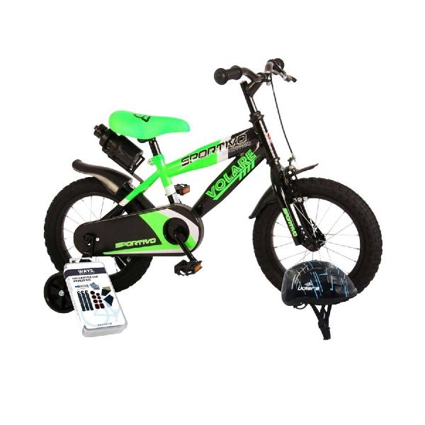 Volare Kinderfiets Sportivo - 14 inch - Groen/Zwart - Met fietshelm & accessoires