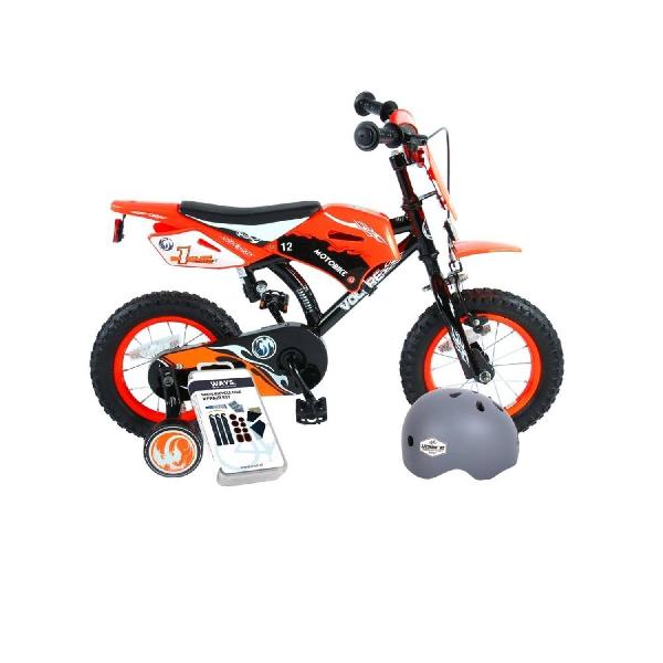 Volare Kinderfiets Motorbike - 12 inch - Oranje - Inclusief fietshelm + accessoires