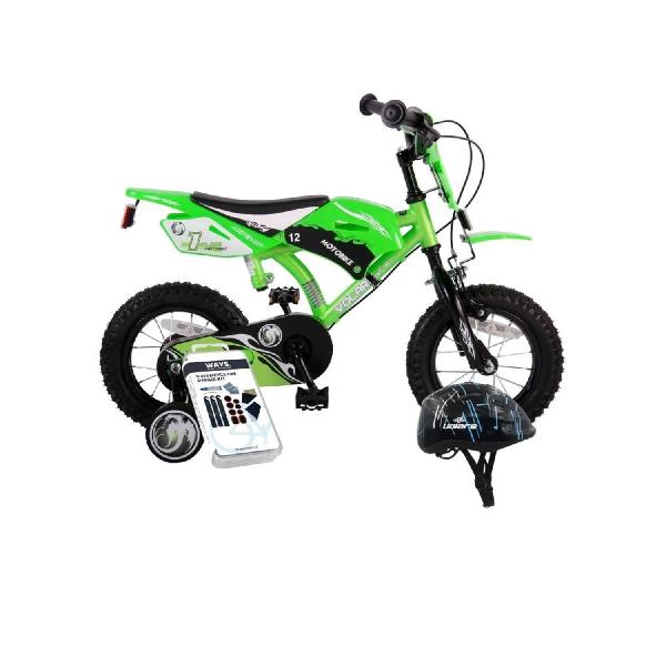 Volare Kinderfiets Motorbike - 12 inch - Groen - Twee handremmen - Met fietshelm & accessoires