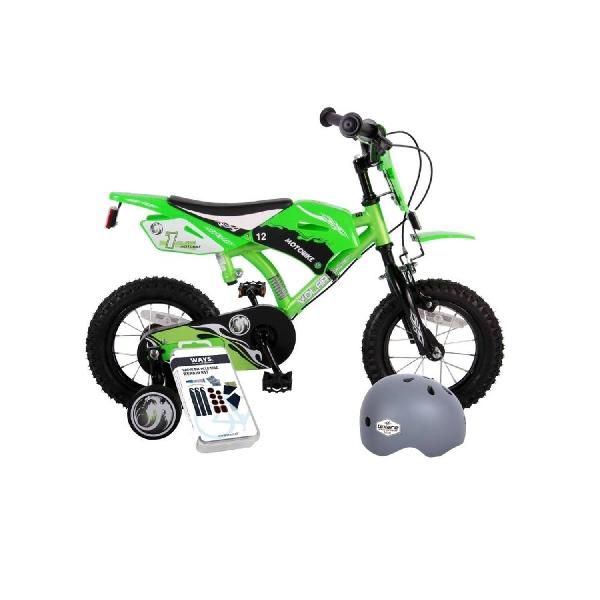 Volare Kinderfiets Motorbike - 12 inch - Groen - Twee handremmen - Inclusief fietshelm + accessoires