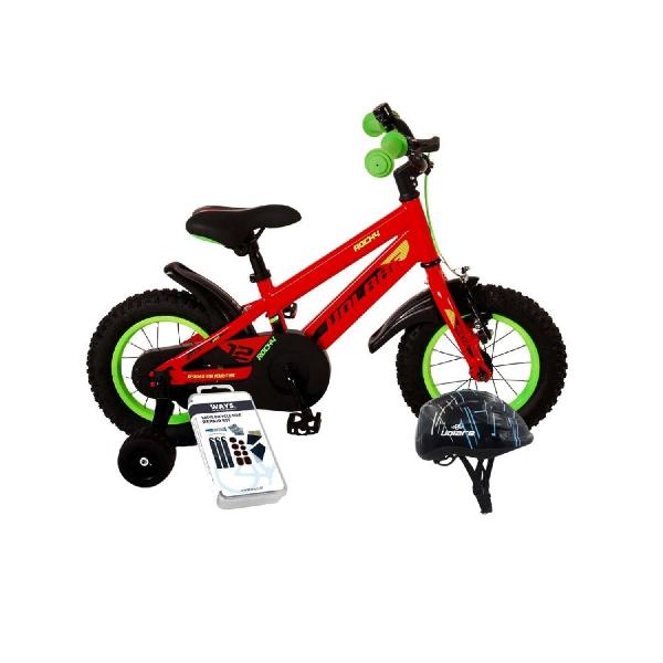 Volare Kinderfiets Rocky - 12 inch - Rood/Groen - Met fietshelm & accessoires