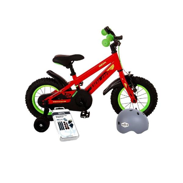 Volare Kinderfiets Rocky - 12 inch - Rood/Groen - Inclusief fietshelm + accessoires