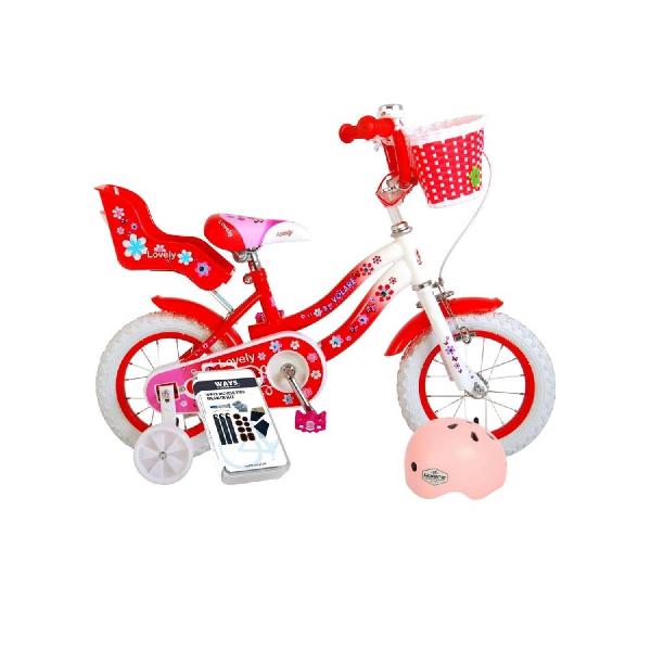Volare Kinderfiets Lovely - 12 inch - Rood/Wit - Inclusief fietshelm + accessoires