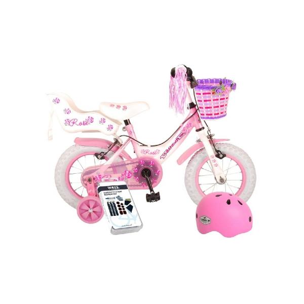 Volare Kinderfiets Rose - 12 inch - Roze/Wit - Twee handremmen - Met fietshelm & accessoires