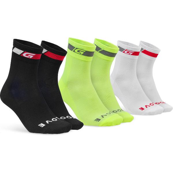 GripGrab - Tricolore Regular Cut Sokken 3PACK Zomerfietssokken - Zwart/Wit/Geel Hi-Vis - Unisex - Maat L
