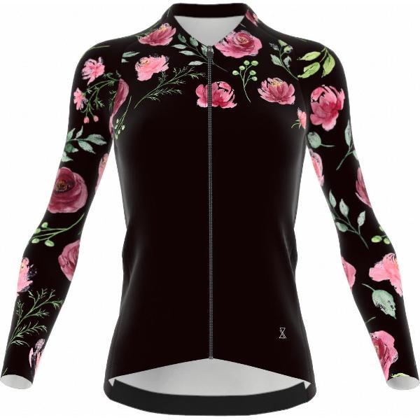 Fietsshirt dames - lange mouwen zwart met rozen - TENUE des Femmes - maat XL