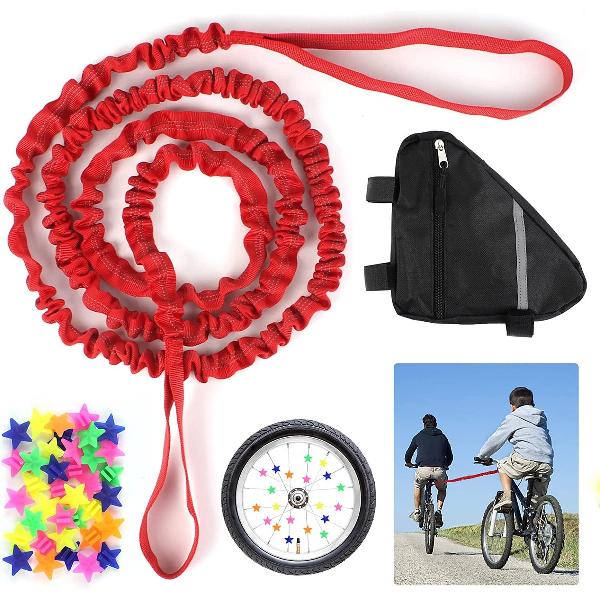 Bicycle Children, Parents Child Pull Rope Red with Bicycle Triangle Bag Tow Rope Bike MTB Tow Rope Elastic Tow Rope Load Capacity 500 lbs with Coloured Bicycle Spokes Beads