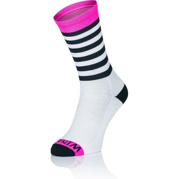 Winaar Fietssokken Zomer Unisex Wit Roze met Zwarte Strepen - BWP Stripes - 42-44